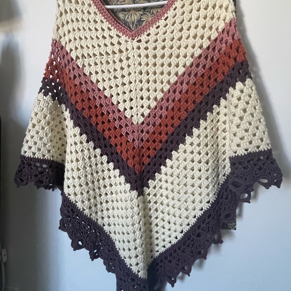 Handmade Other - Handmade Crochet‎ Cotton Poncho Earth Tone Chevron V-Neck One of a Kind S M